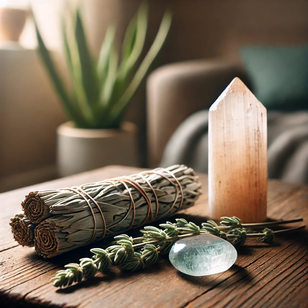 Cleansing Bundle with Sage, Palo Santo, and Selenite, weighing 250g, for spiritual cleansing and healing. Sitting on table.