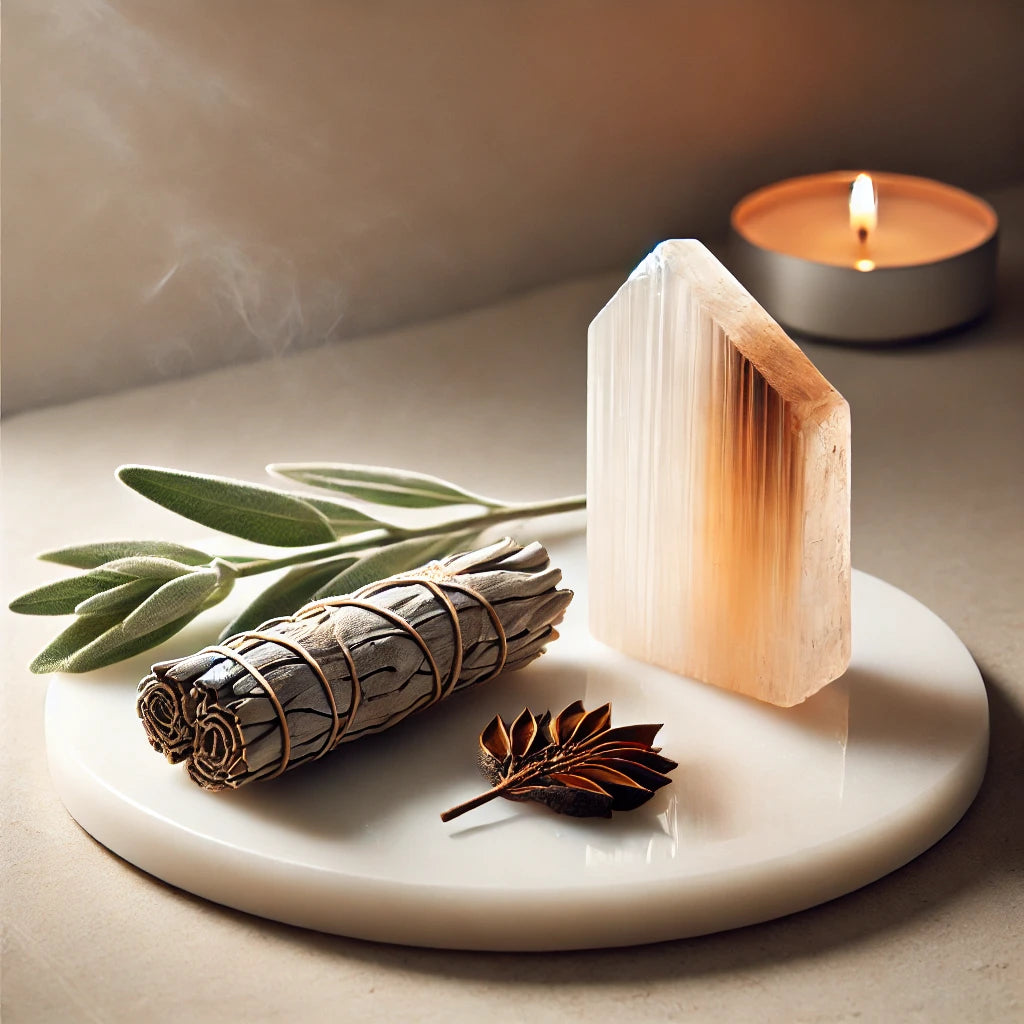 Cleansing Bundle with Sage, Palo Santo, and Selenite, weighing 250g, for spiritual cleansing and healing. Sitting on table.