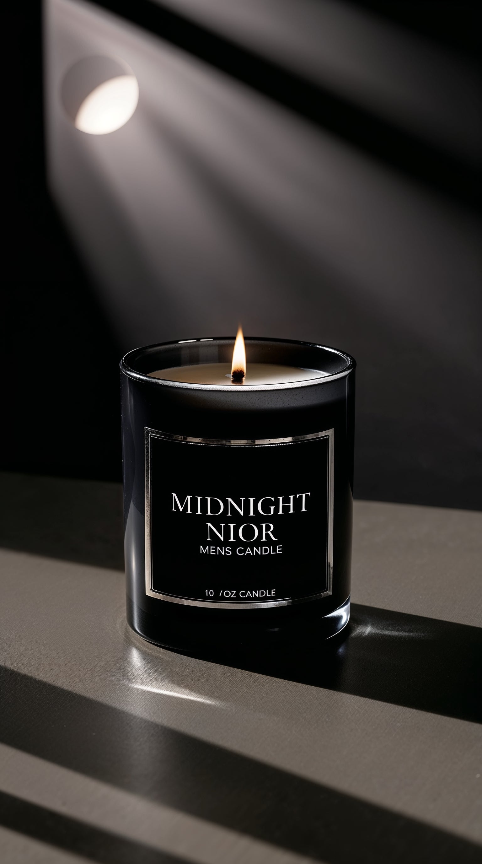 "Luxury men’s candle, Midnight Noir, perfect for relaxation and focus."