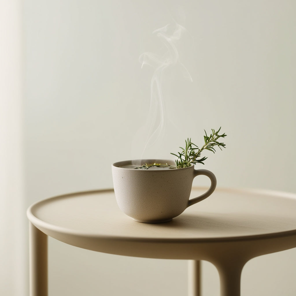 Close-up of Awake Me Up Herbal Energy Blend Tea steeping in a glass teapot surrounded by natural ingredients."