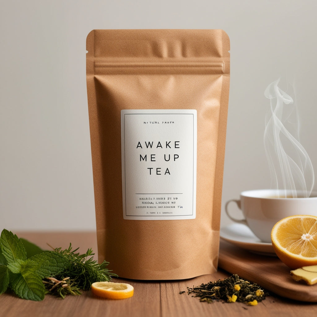 "A peaceful setting with a cup of herbal energy tea placed on a desk with a journal and citrus slices for added wellness.