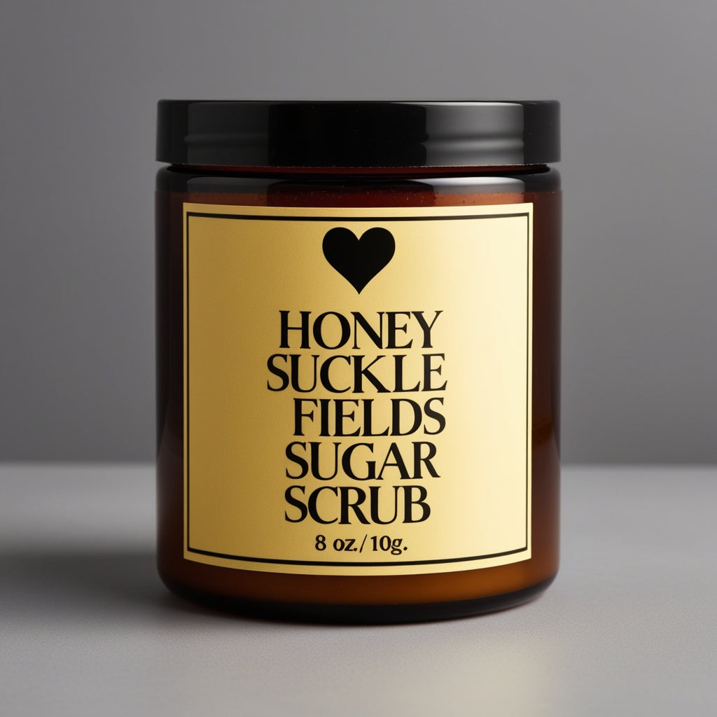 Honeysuckle Fields Sugar Scrub jar with a spoon resting beside it, set on a cozy winter scene with greenery and candles for a peaceful holiday atmosphere."