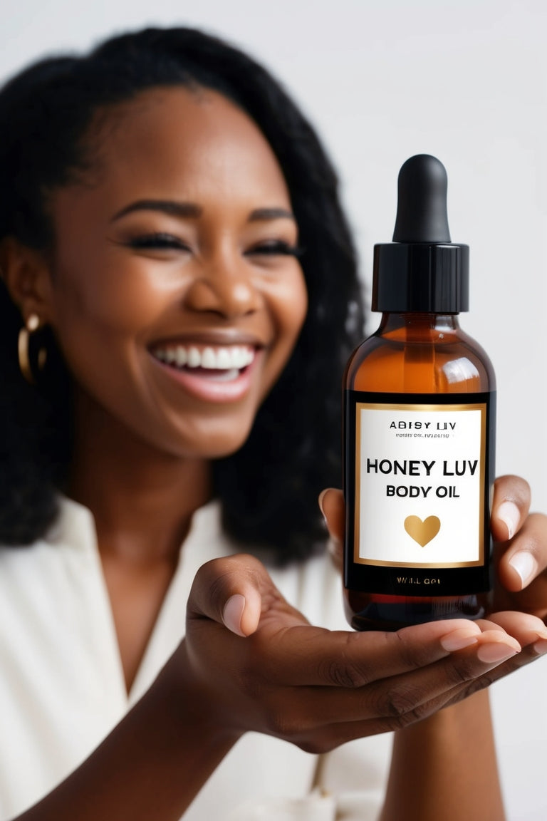 Honey Luv Body Oil displayed in a cozy self-care setup with candles, honey, and soft towels for a luxurious skincare routine."
