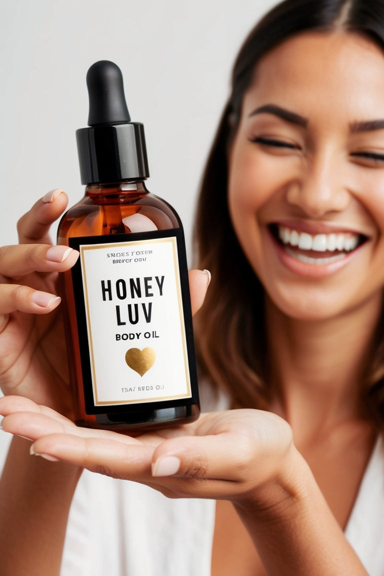 Honey Luv All-Natural Body Oil placed in a relaxing self-care setting with candles and fresh flowers, perfect for a calming skincare routine