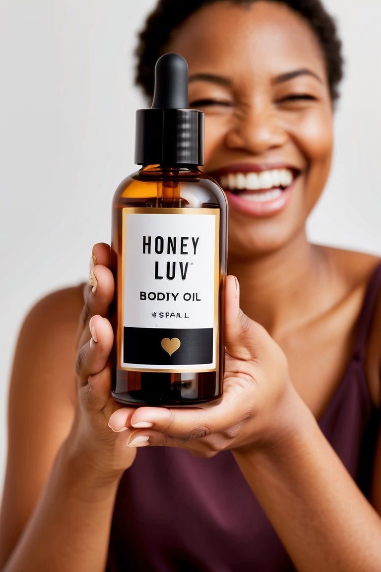 Honey Luv Body Oil displayed in a cozy self-care setup with candles, honey, and soft towels for a luxurious skincare routine."