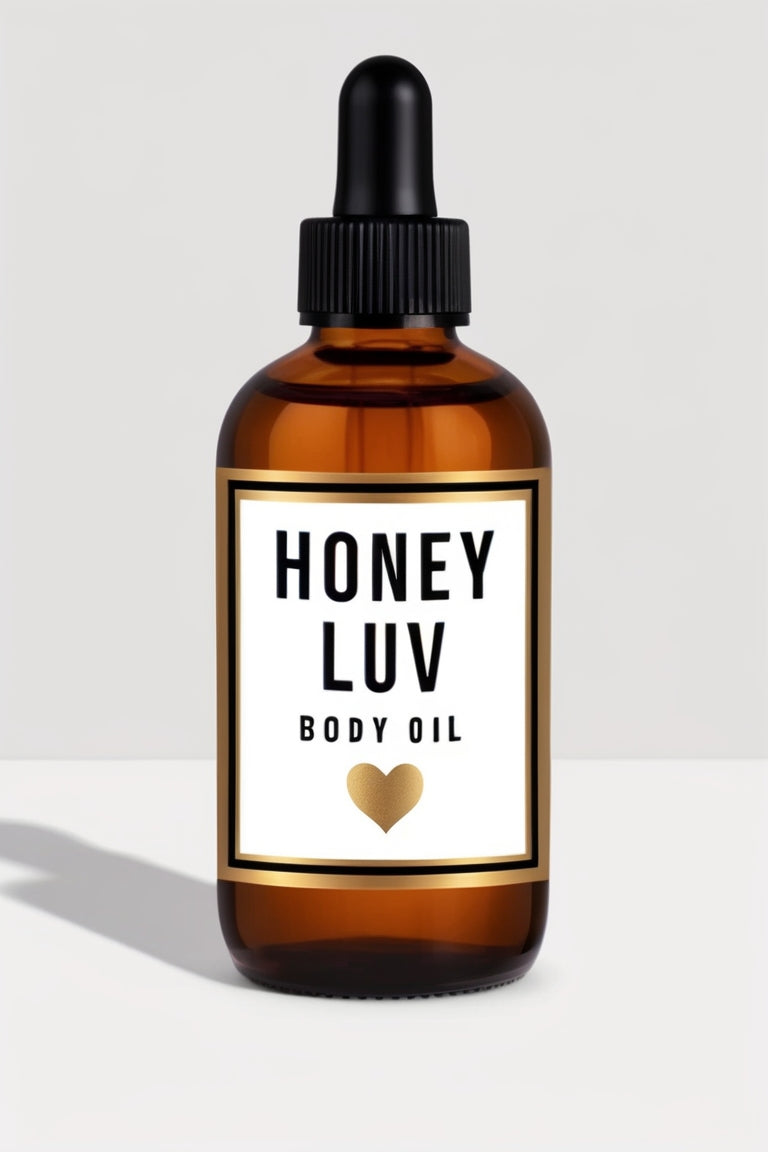 Honey Luv Body Oil next to honeycomb and natural elements, showcasing its honey infusion and all-natural ingredients for skin nourishment.