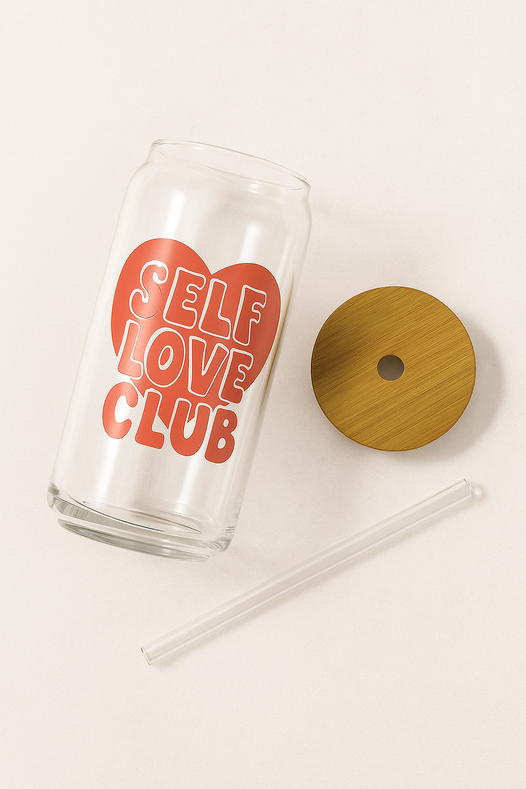 Self-Love Club Glass Cup – 16 oz Iced Coffee Tumbler with Bamboo Lid & Glass Straw