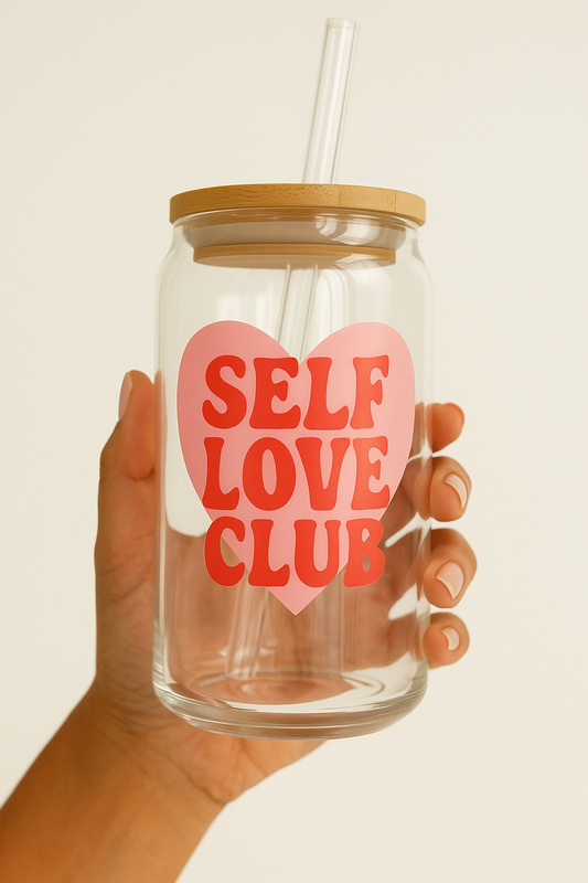 Self-Love Club Glass Cup β 16 oz Iced Coffee Tumbler with Bamboo Lid & Glass Straw