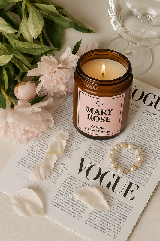 Mary Rose candle by My Pure Package – handmade rose-scented soy candle for self-care and relaxation.