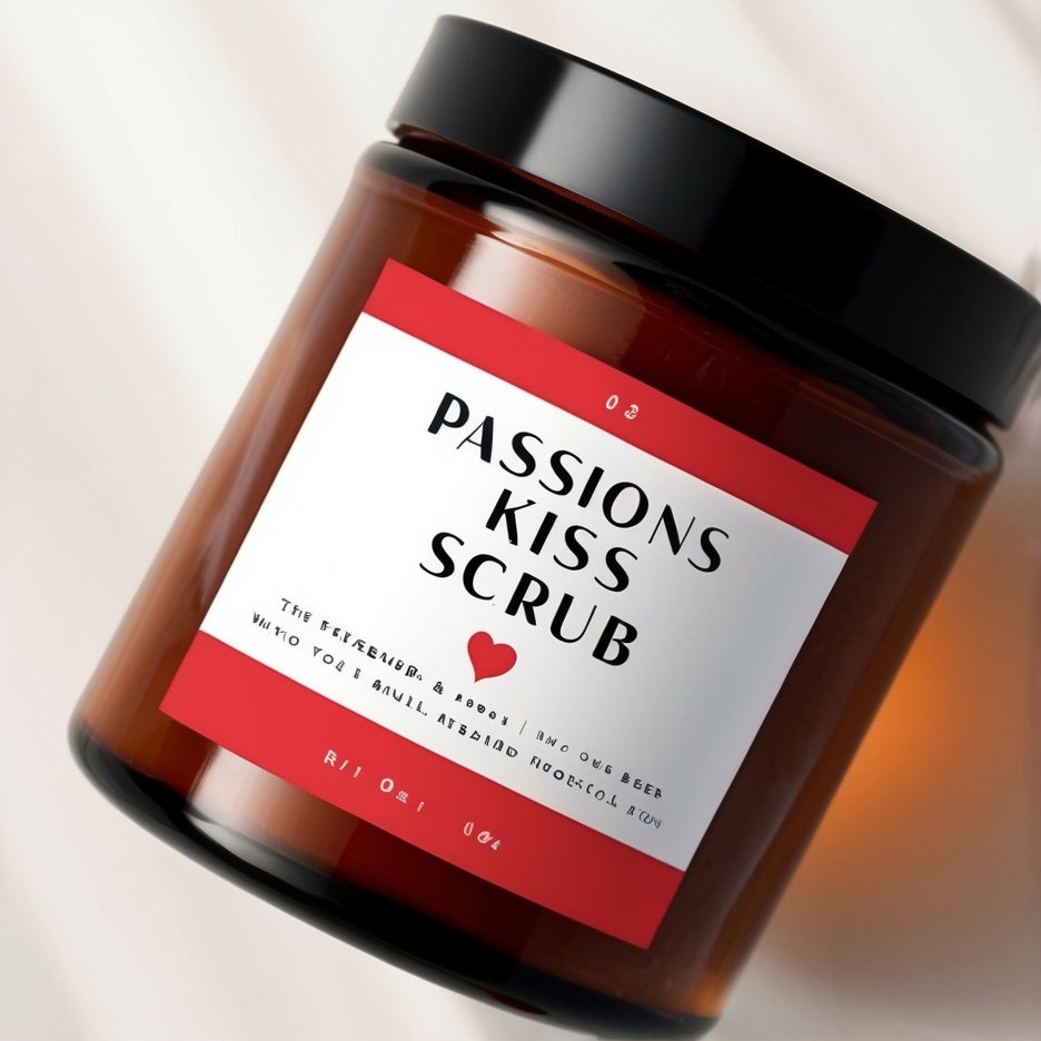 Close-up of Passion's Kiss Strawberry Vanilla Sugar Scrub texture in a jar, showcasing fine sugar crystals and creamy consistency.