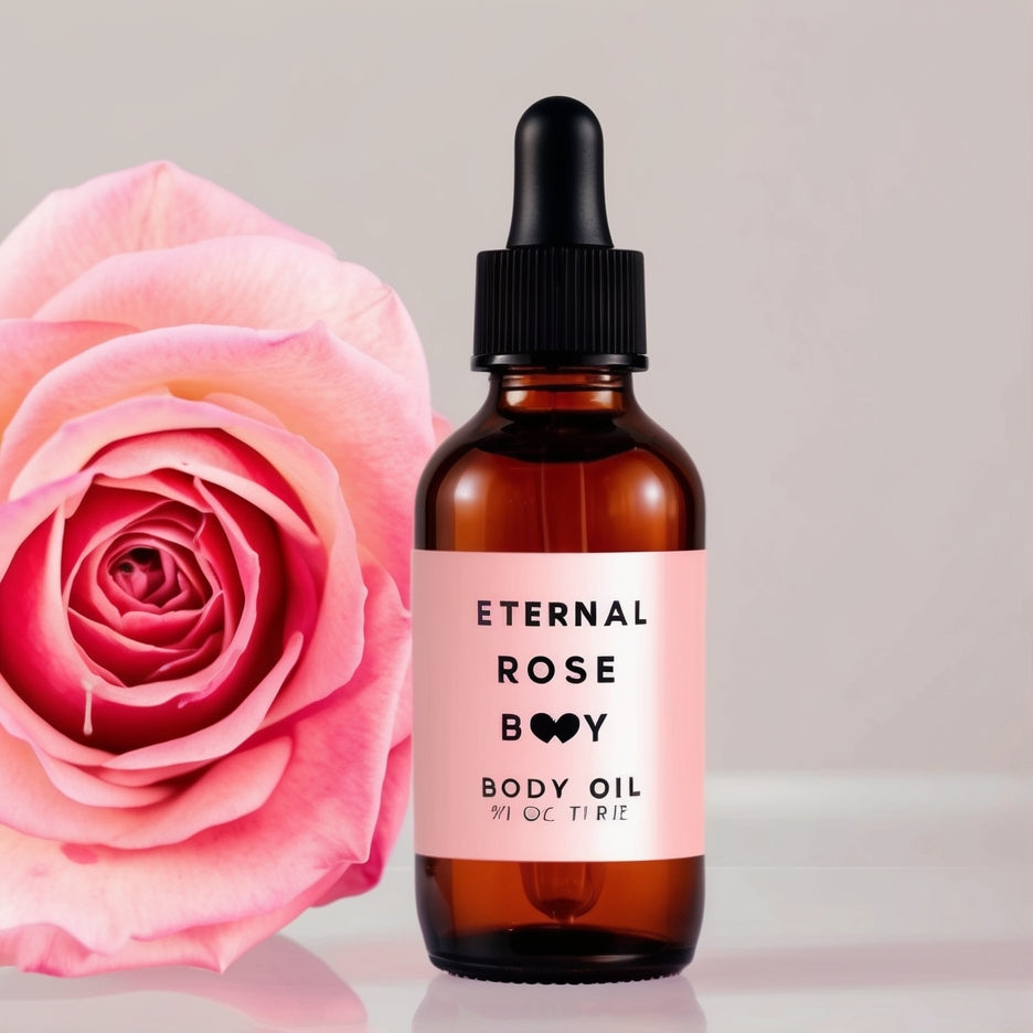 Person applying Eternal Rose All-Natural Body Oil to their arm in a serene spa-like setting with candles and fresh flowers."