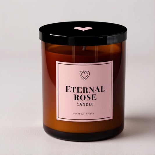 "Eternal Rose All-Natural candle  with rose petals and bergamot slices on a marble surface, showcasing its natural ingredients.