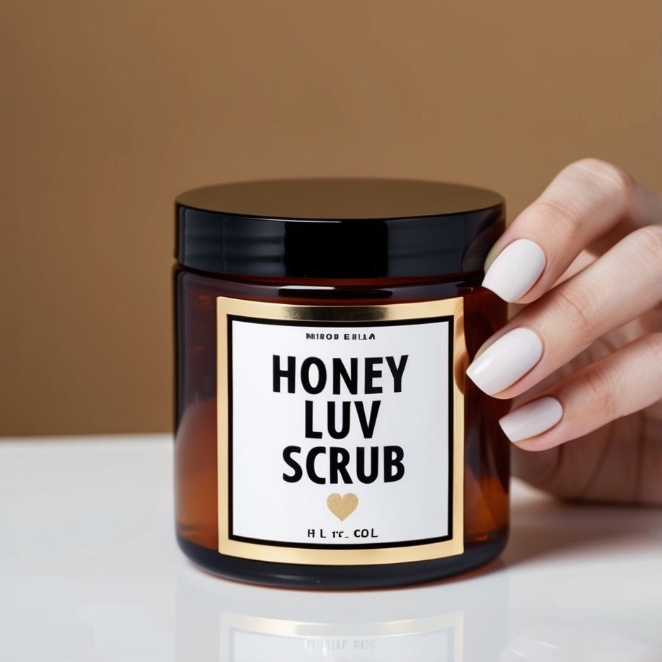 Honey Luv Foam Sugar Scrub displayed in a relaxing self-care setting with candles and towels, perfect for exfoliating and pampering skin.