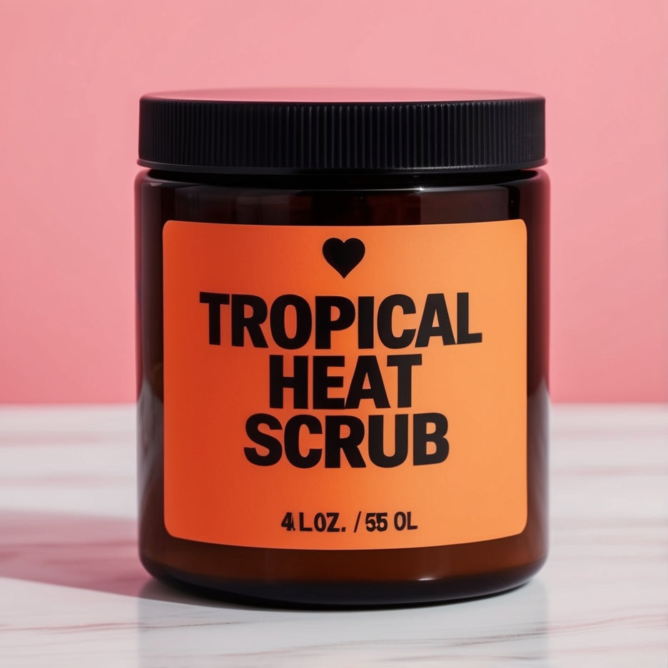 Jar of Tropical Heat All-Natural Sugar Scrub featuring its tropical label, with a focus on the smooth, rich texture of the scrub inside.