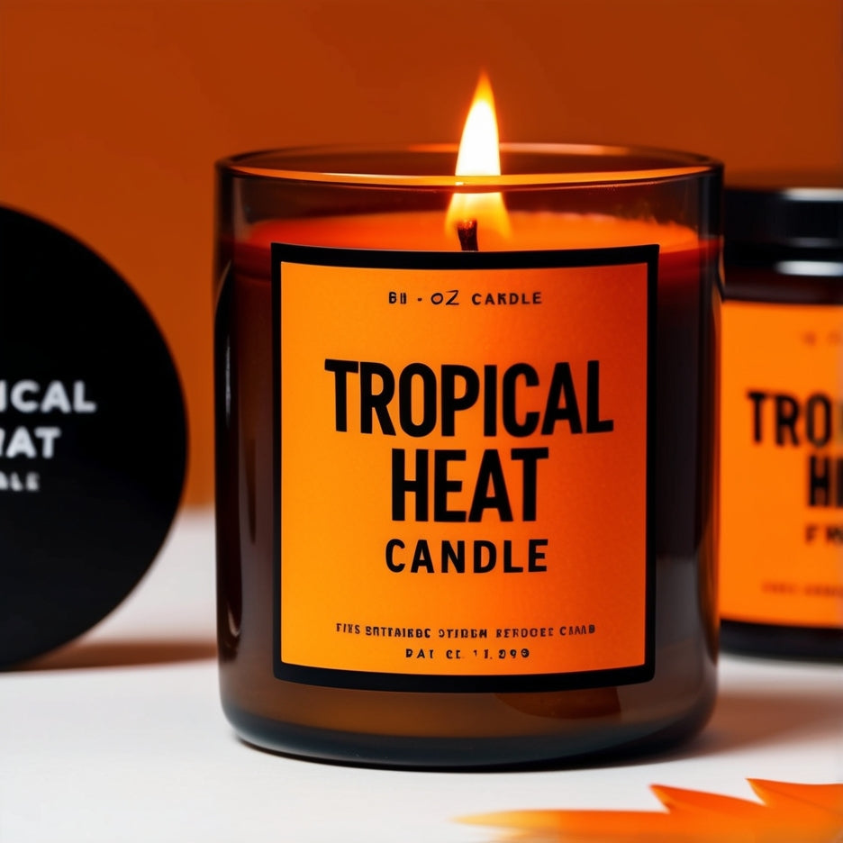 Tropical Heat Mango Soy Candle burning with tropical leaves and mango slices in the background, showcasing the clean burn and soothing fragrance.