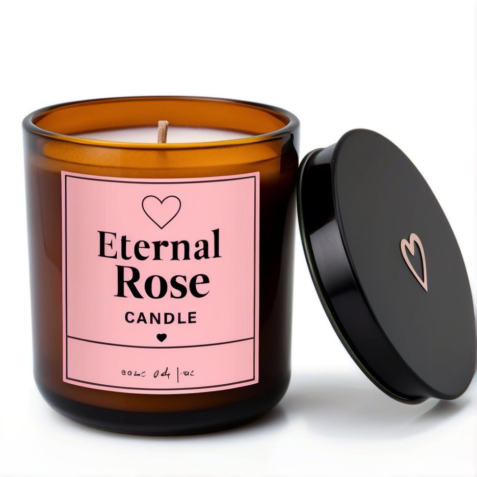 Close-up of Eternal Rose candle showing its smooth texture, surrounded by rose petals and fresh bergamot slices."