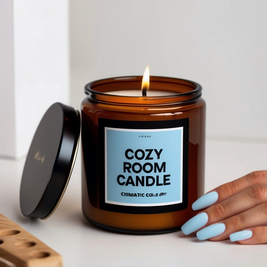 Cozy Room Soy Candle glowing softly on a coffee table, surrounded by a blanket and tea, creating a warm and inviting atmosphere."