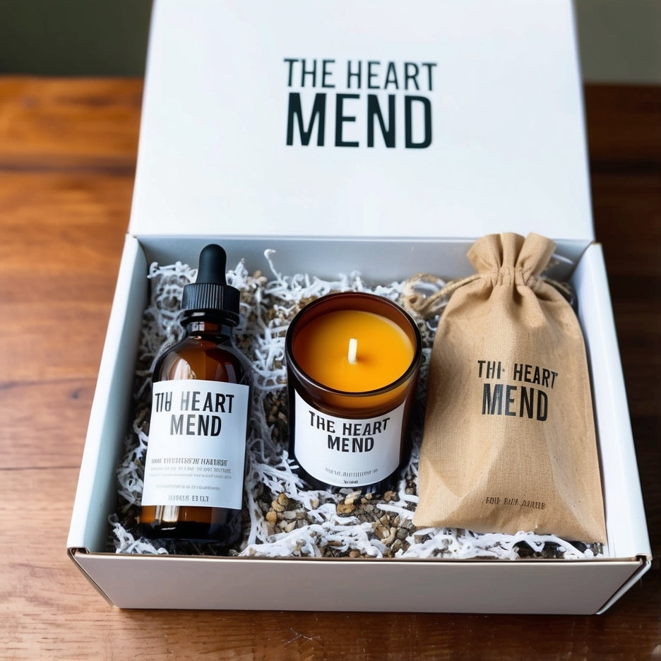 Heart Mend Self-Care Grief Box featuring a candle, sugar scrub, herbal tea, oil spray, and body wash, arranged thoughtfully for comfort and renewal.