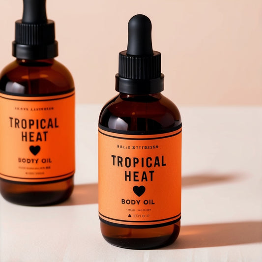 Bottle of Tropical Heat Mango Body Oil with mango slices and tropical flowers, showcasing its all-natural ingredients and hydrating formula.