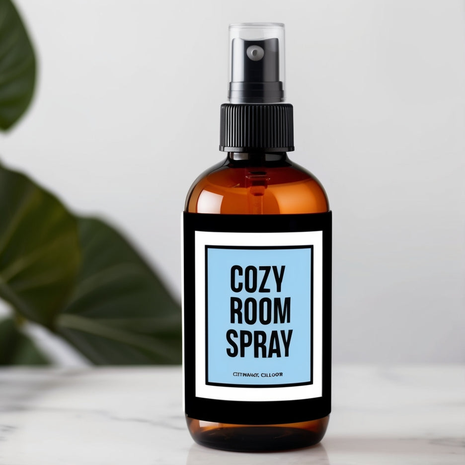 "Cozy Room All-Natural Room Spray with light mist in the air, enhancing a peaceful and calm environment in a cozy living room.

