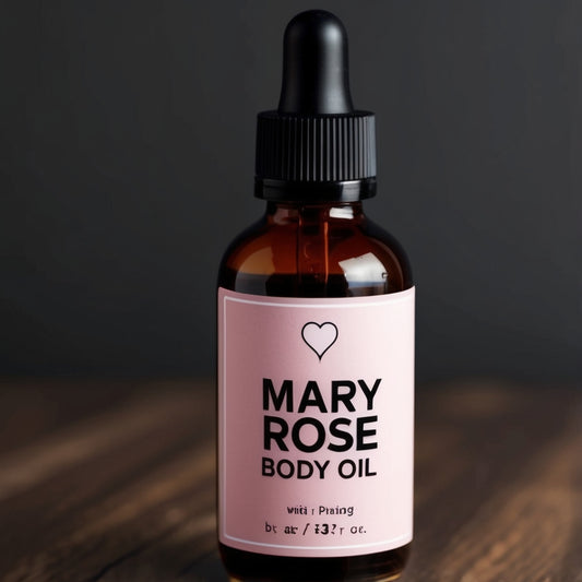 Mary Rose Rose Body Oil in a glass bottle with rose petals, showcasing its luxurious and hydrating formula.