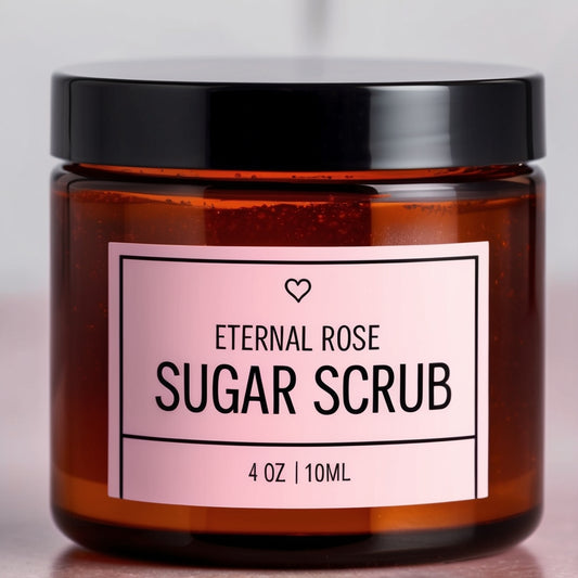 "Eternal Rose All-Natural Sugar Scrub with rose petals and bergamot slices on a marble surface, showcasing its natural ingredients.