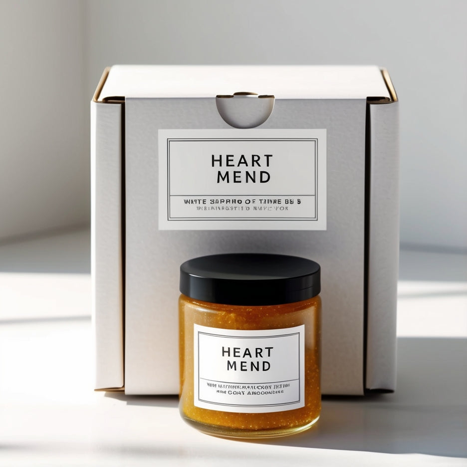 Heart Mend Self-Care Grief Box with calming candle glow, herbal tea, and soothing body products designed to provide comfort during grief