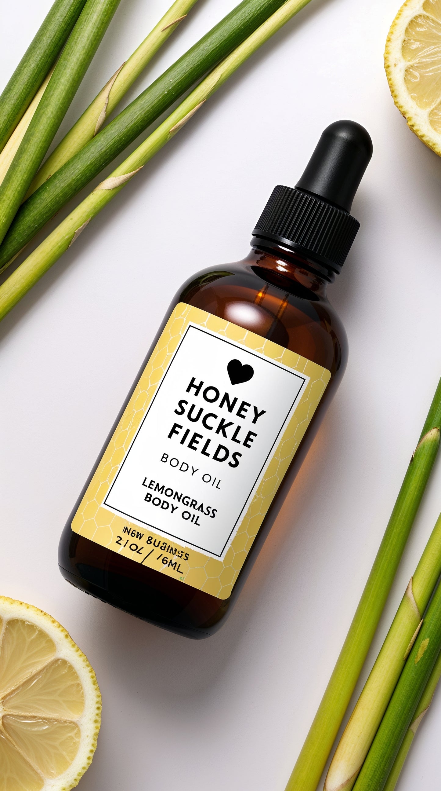 Honey Suckle Fields Lemongrass Body Oil in a serene, spa-like setting with lemongrass and natural flowers, emphasizing relaxation and nourishment.