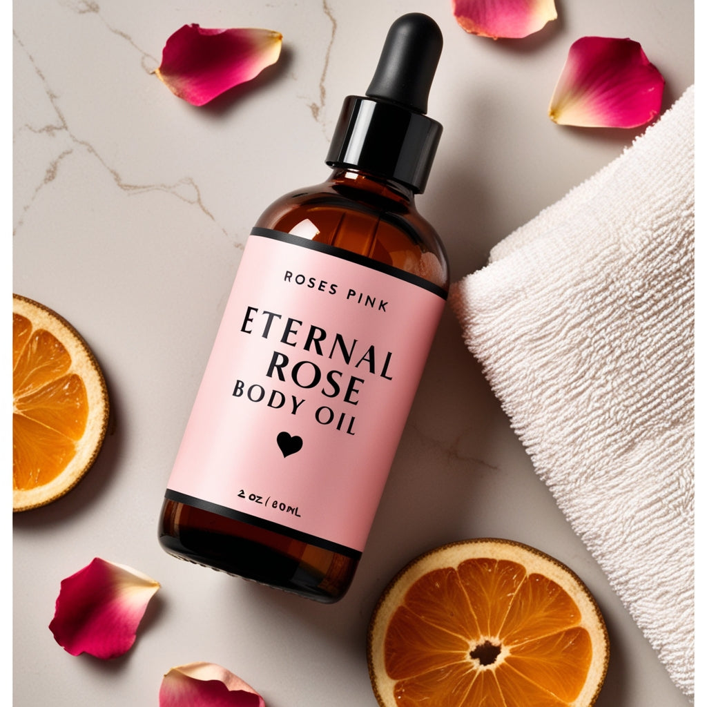 Close-up of the Eternal Rose Body Oil bottle with a glistening finish and soft blurred background of rose petals.