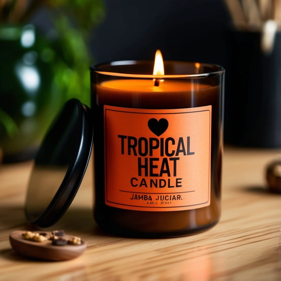 Close-up of Tropical Heat Mango Soy Candle with natural soy wax and cotton wick, emphasizing its eco-friendly and non-toxic properties.