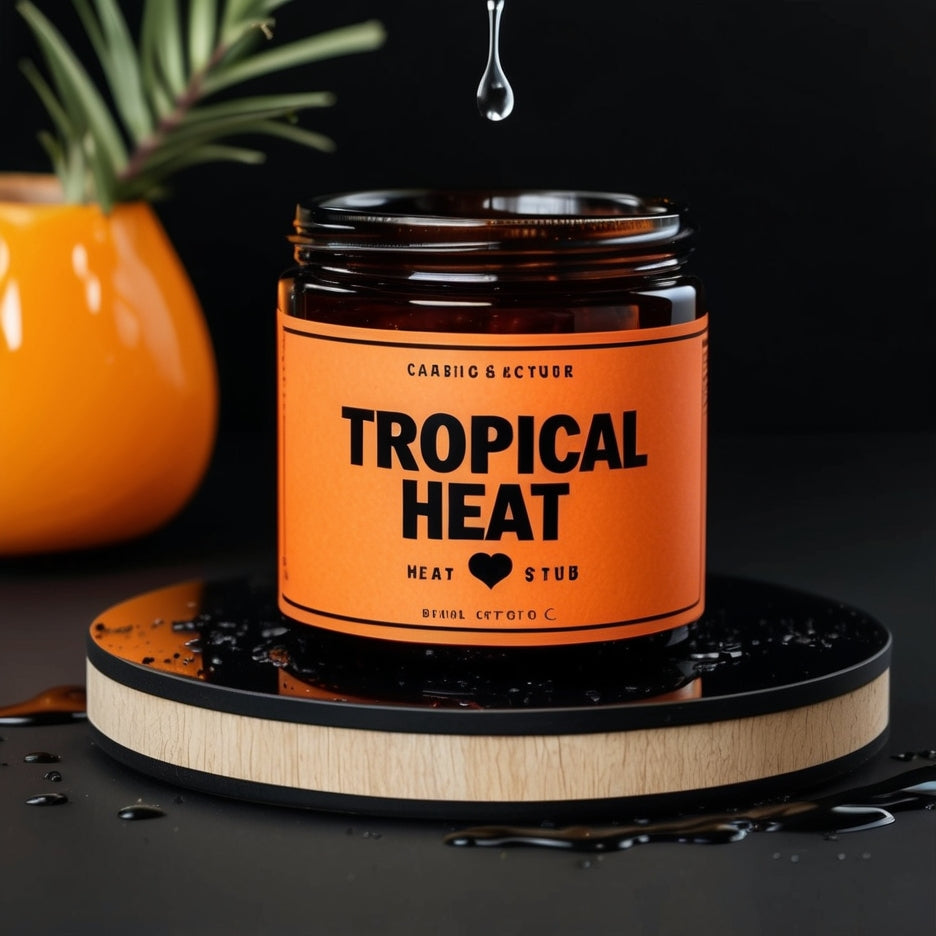 Tropical Heat All-Natural Sugar Scrub displayed alongside fresh tropical fruits like mango and coconut, emphasizing its natural ingredients and tropical scent.