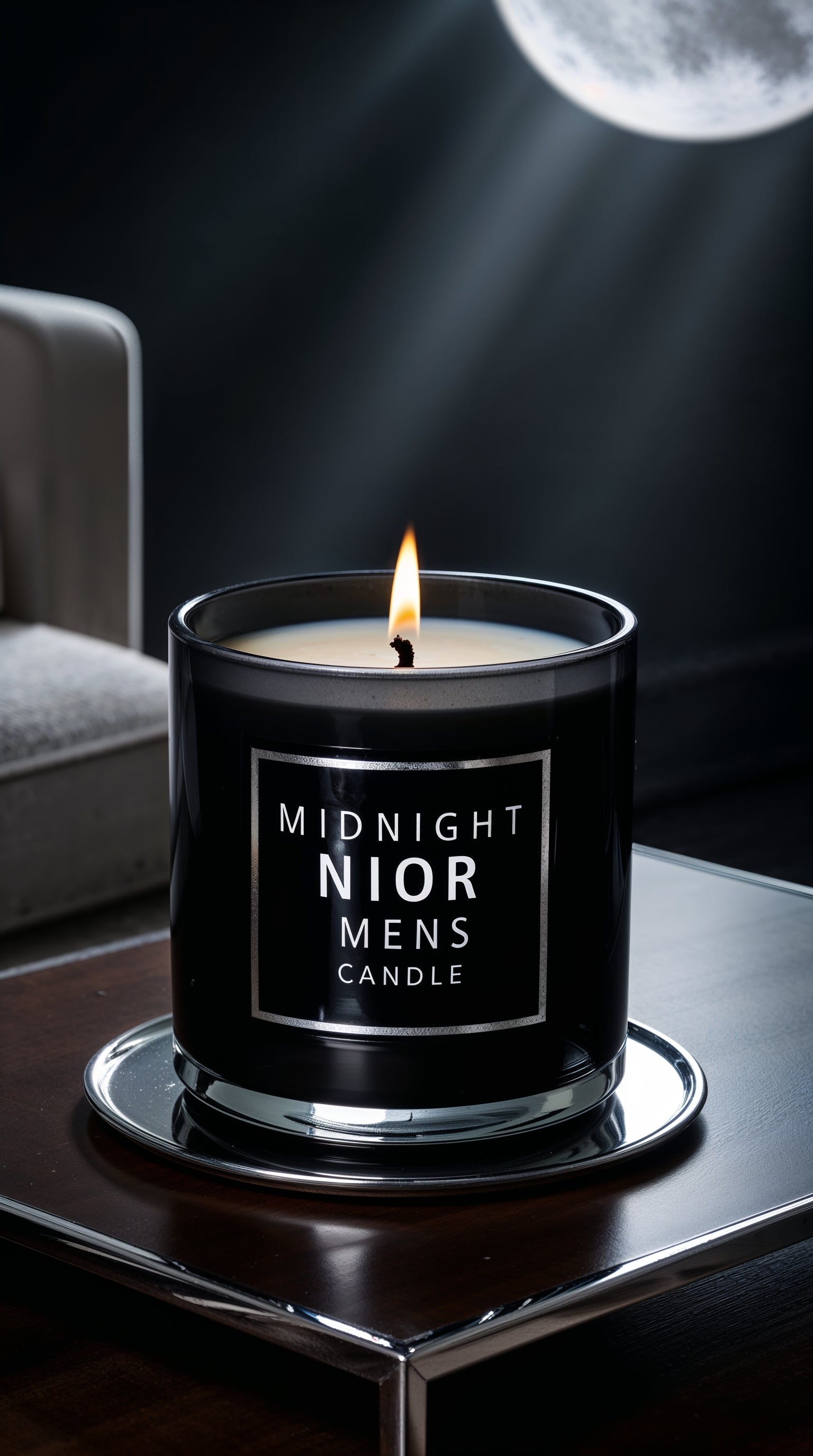 "Luxury men’s candle, Midnight Noir, perfect for relaxation and focus."