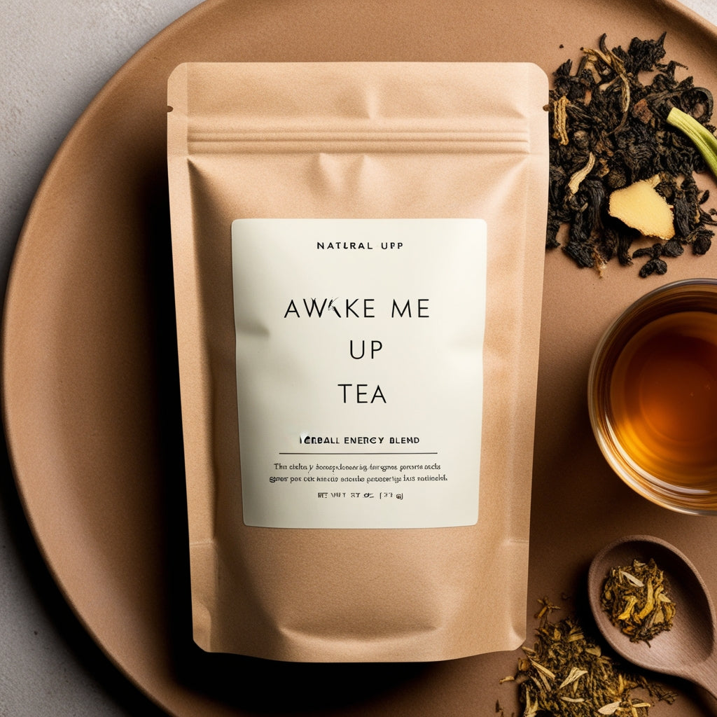 "A warm, inviting morning scene with a cup of herbal energy tea and fresh herbs for vitality and focus."
