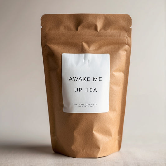 All-natural self-care gift set including Awaken Tea, bath salts, Mary Rose candle, room spray, and sage bundle arranged beautifully on a wooden surface."