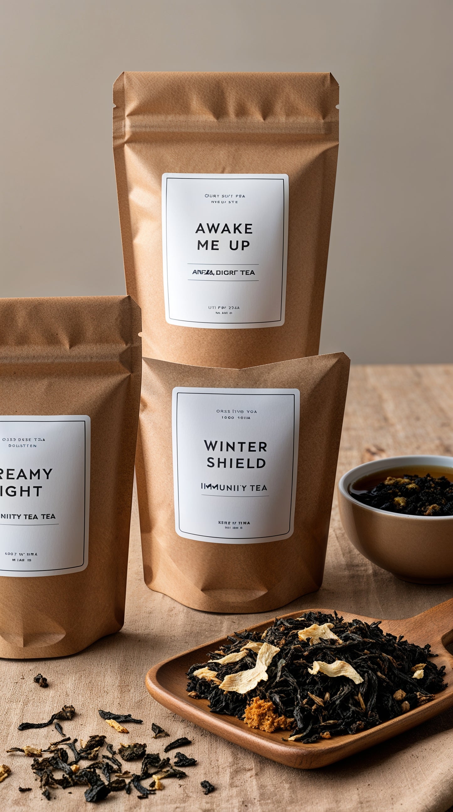 A close-up image of the three teas in the Herbal Comfort Collection: vibrant herbs and ingredients like ginger, peppermint, chamomile, and elderberry are displayed alongside the 8 oz jars, emphasizing the all-natural quality of the blends.