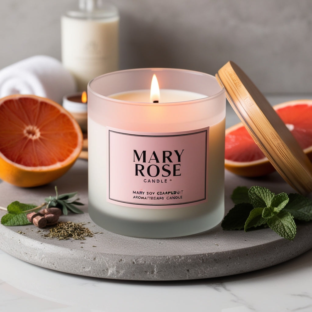 Close-up of a hand-poured grapefruit-scented candle surrounded by fresh herbs and slices of grapefruit."