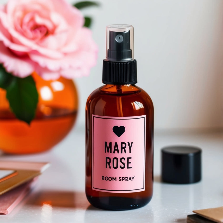 Close-up of Mary Rose Rose Room Spray being misted into the air, creating a soothing, refreshing atmosphere.
