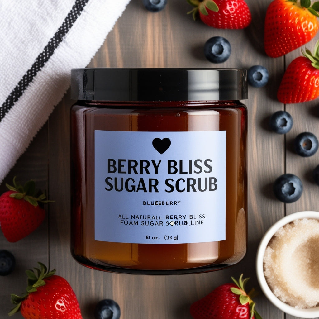 Flat lay of Berry Bliss All-Natural Berry Bliss Foam Sugar Scrub surrounded by fresh berries, highlighting its natural ingredients and luxurious texture.