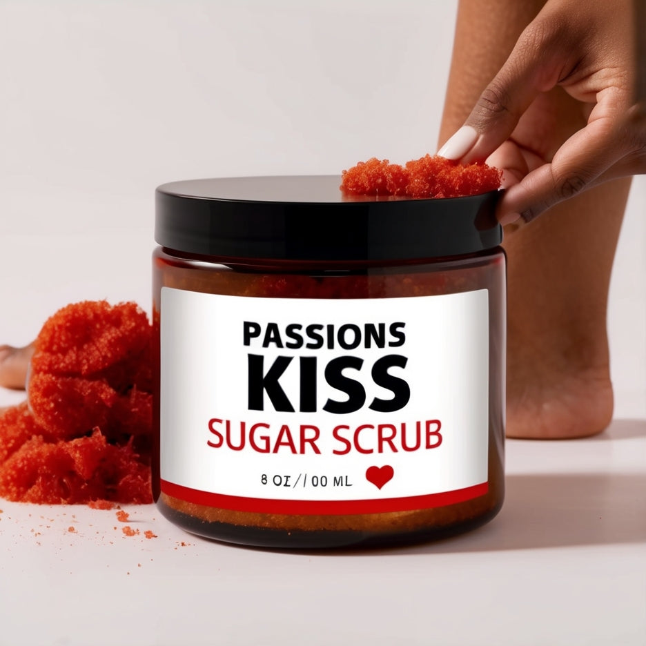 Passion's Kiss Strawberry Vanilla Sugar Scrub displayed in a calming bathroom setting with soft towels and natural decor, ready for a self-care routine.