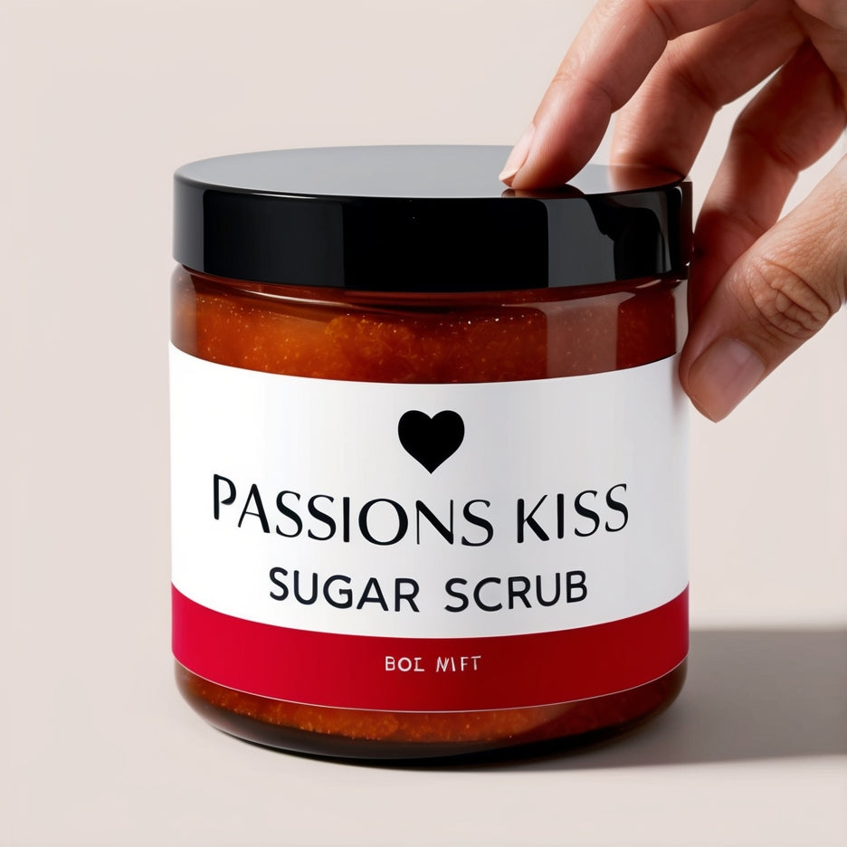 Flat lay of Passion's Kiss ingredients, including fresh strawberries, vanilla pods, and sugar, emphasizing the natural and nourishing components of the scrub."