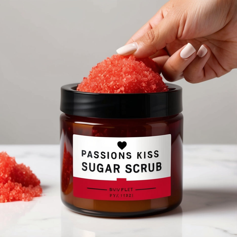 "Person applying Passion's Kiss Strawberry Vanilla Sugar Scrub to exfoliate and moisturize skin, revealing a smooth, glowing complexion.