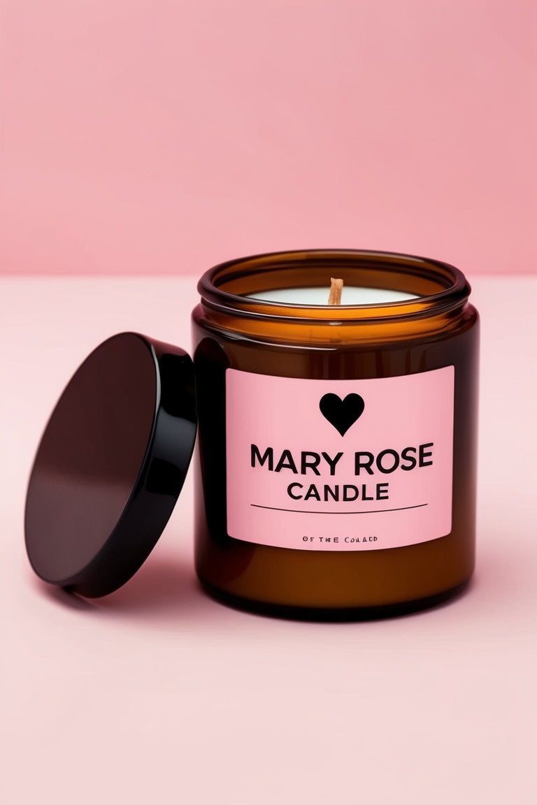 Mary Rose Rose Scented Candle on a wooden surface, with fresh rose petals nearby, creating a peaceful, aromatic atmosphere