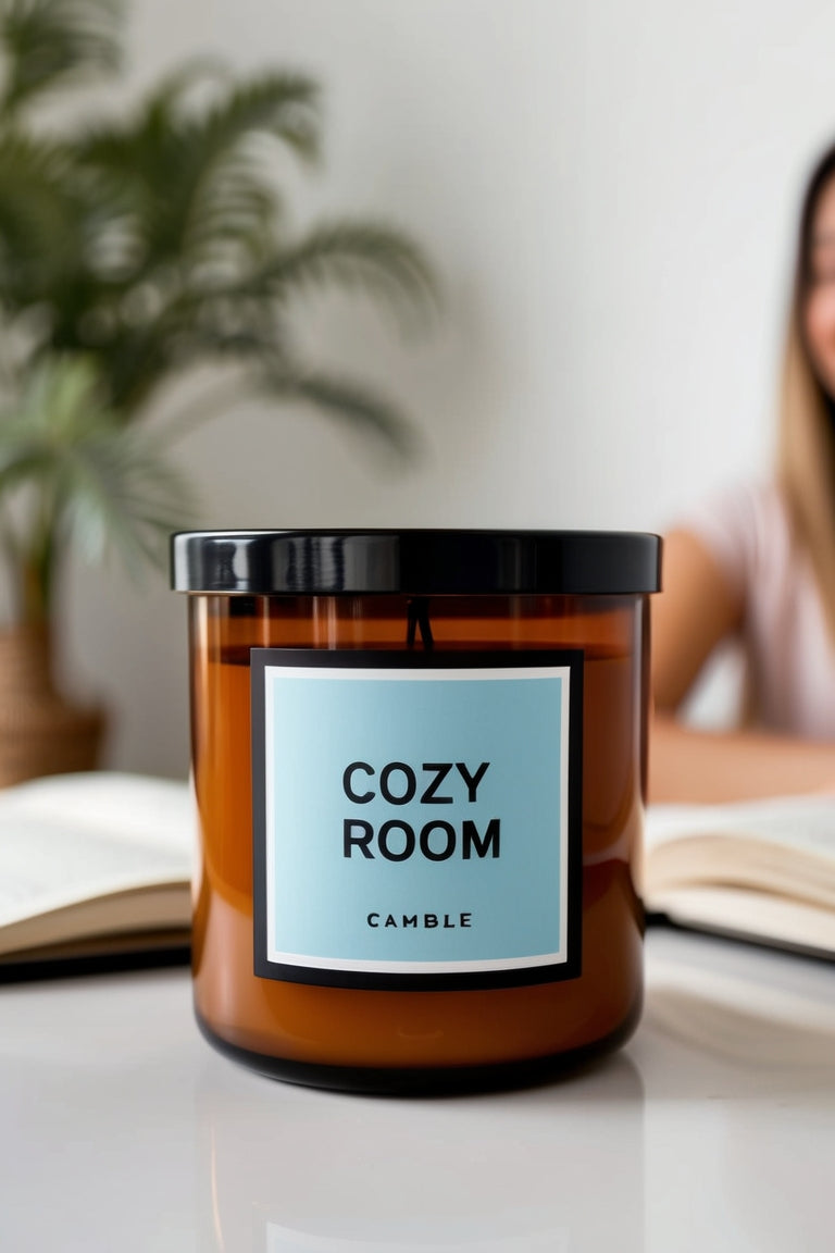 Close-up shot of the Cozy Room Soy Candle with its label visible, resting on a rustic wooden surface, accompanied by a few cinnamon sticks, dried flowers, and a sprig of greenery to enhance the natural, comforting vibe.