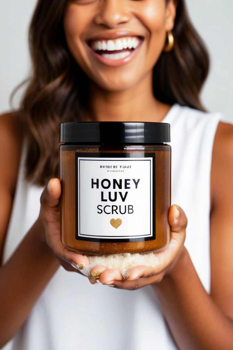 "Honey Luv Foam Sugar Scrub being applied to skin, showcasing its foamy texture and gentle exfoliating action for smooth, glowing skin.