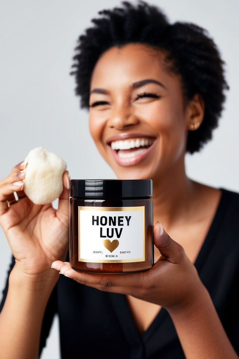 Honey Luv Foam Sugar Scrub being applied to skin, showcasing its foamy texture and gentle exfoliating action for smooth, glowing skin.