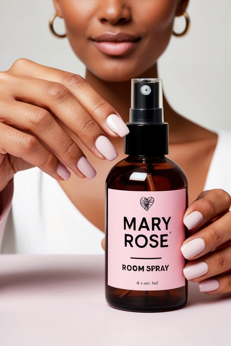 Mary Rose Rose Room Spray on a countertop with soft rose petals nearby, adding a calming fragrance to your space.