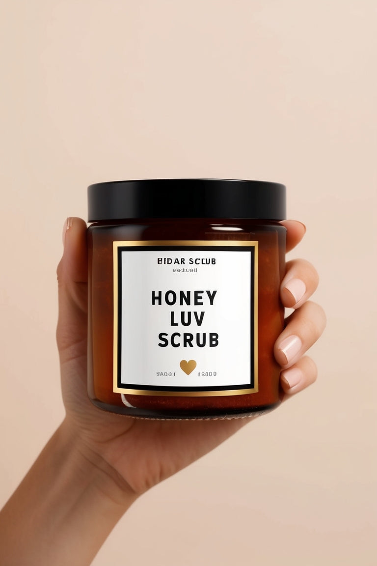 Honey Luv Foam Sugar Scrub displayed in a relaxing self-care setting with candles and towels, perfect for exfoliating and pampering skin.