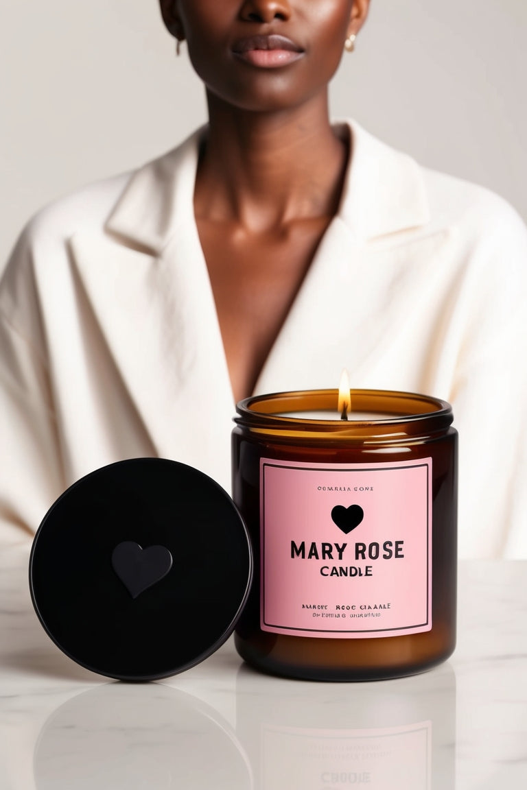 Mary Rose Rose Scented Candle on a wooden surface, with fresh rose petals nearby, creating a peaceful, aromatic atmosphere