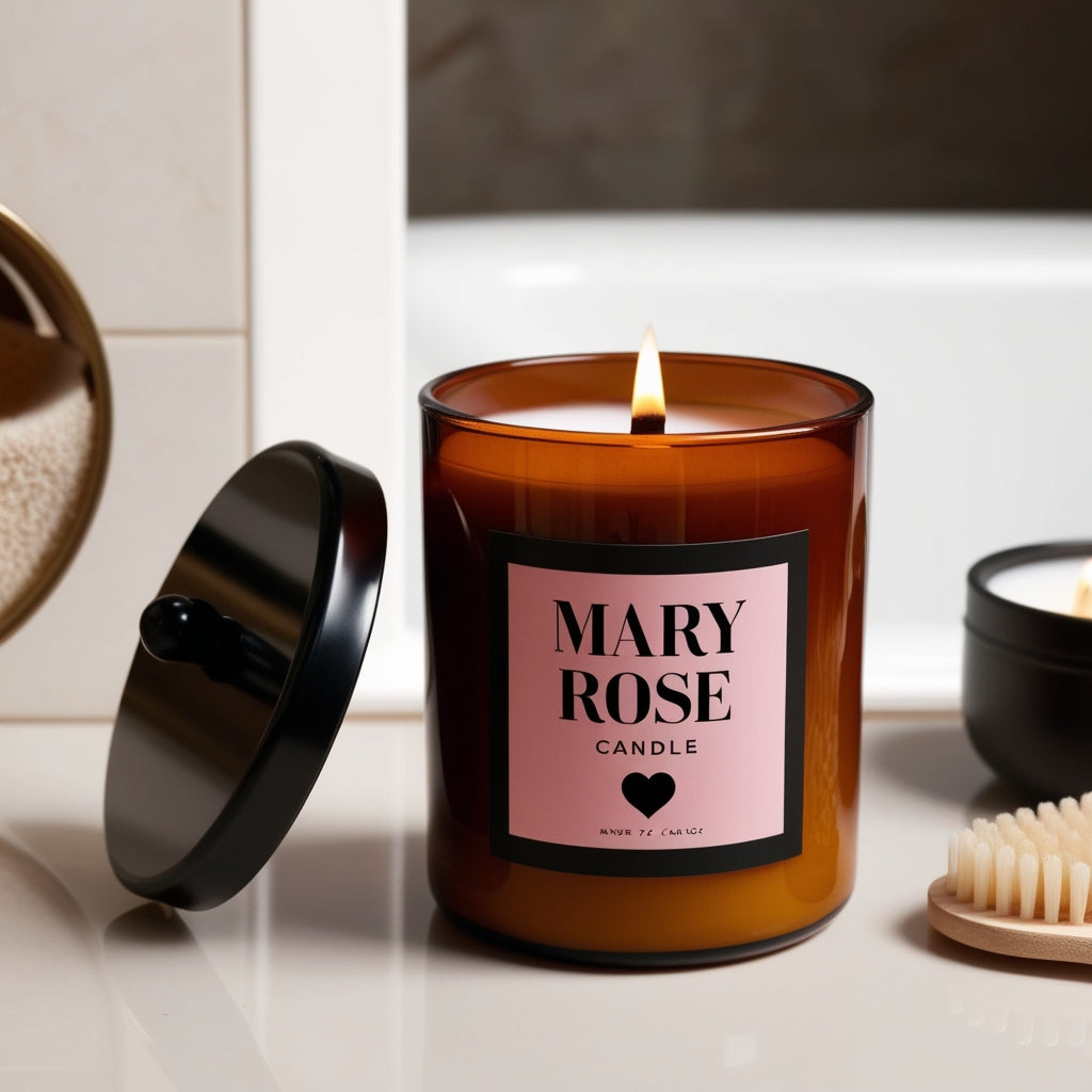Mary Rose Rose Scented Candle with soft rose petals, showcasing its calming and soothing fragrance.