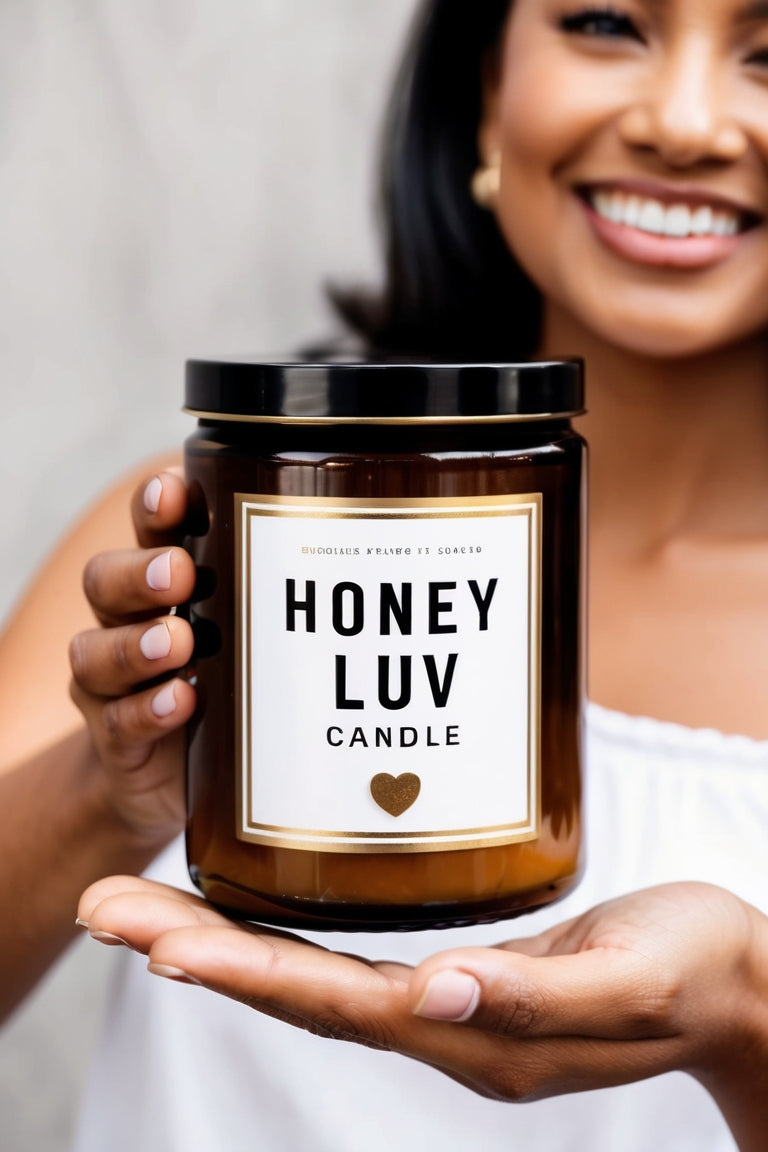 Honey Luv Candle displayed with melted wax, releasing a soothing honey scent to calm the senses and create a tranquil atmosphere.